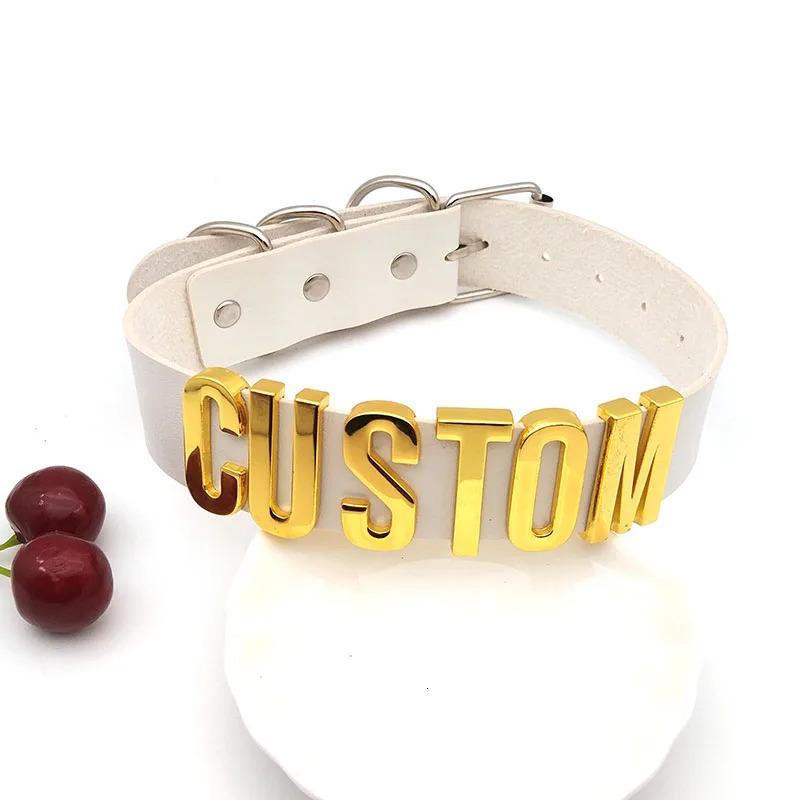 30MM Punk Gold Letters Soft White PU Leather Collars Customized Slave Choker Necklace Sexy Belt BDSM Sex Cosplay Party Jewelry 240531