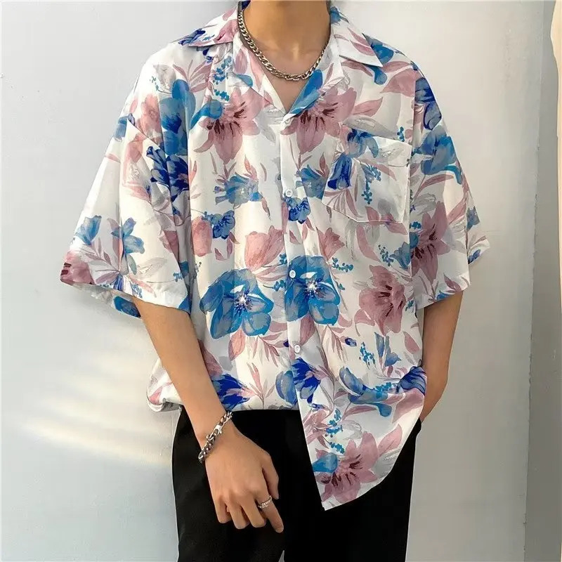 Hawaiian Shirts Men Advanced Breathable Trendy Summer Half Sleeve Floral High Street Pocket Korean Style Male Hipster Handsome 240529