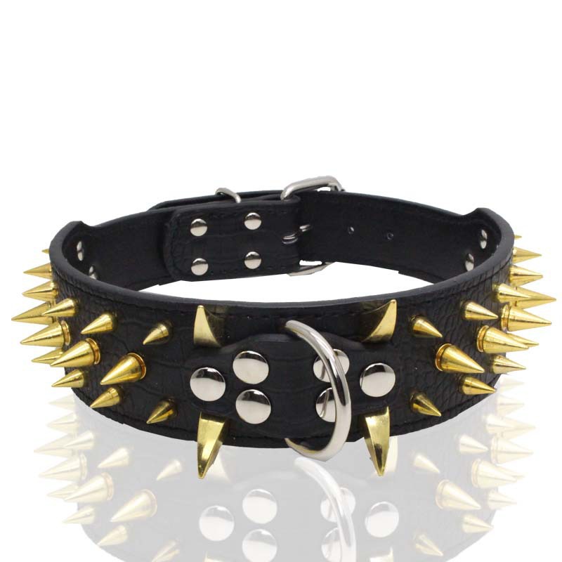 Leather Dog Collar with Skulls and Rivets Anti Bite Spiked Design Black Various Sizes Ideal for Medium to Large Dogs