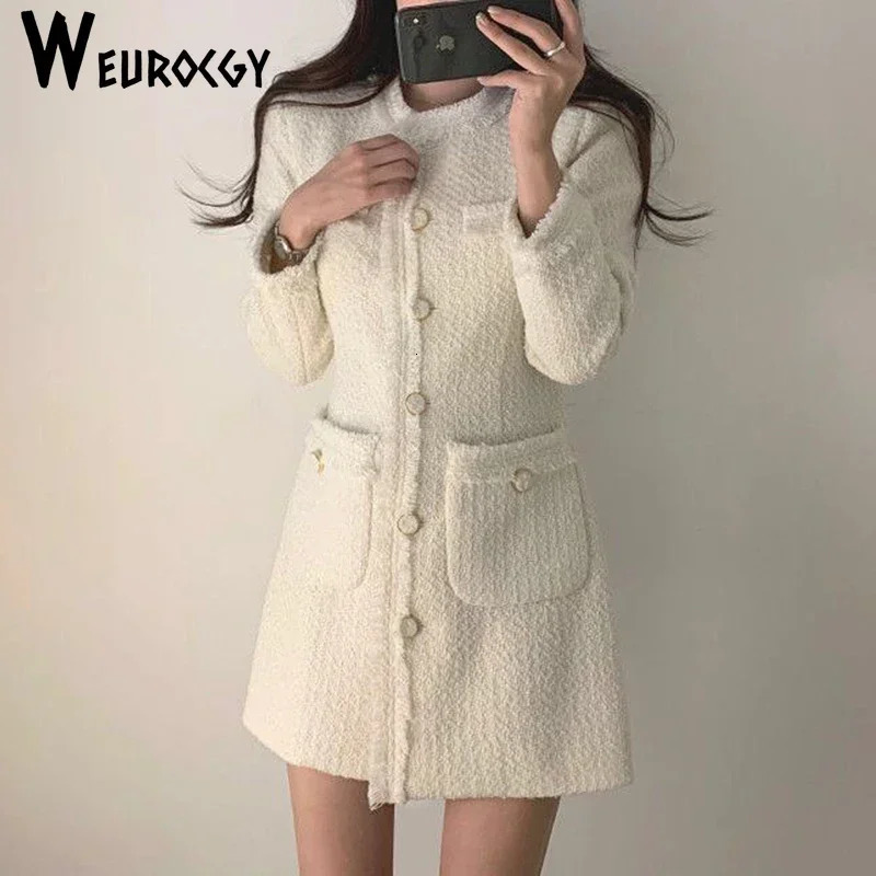 Spring Autumn Style Female Retro French Style Elegant Round Neck Single-Breasted Waist Pocket Long-Sleeved Tweed Dress 240529