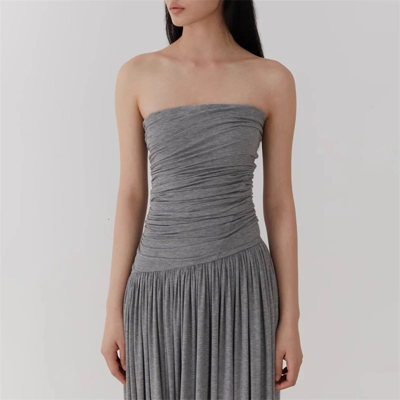2024 spring womens pureCotton elastic slim tube top dress y2k fashion curved pleated simple and versatile A-line long skirt 240530