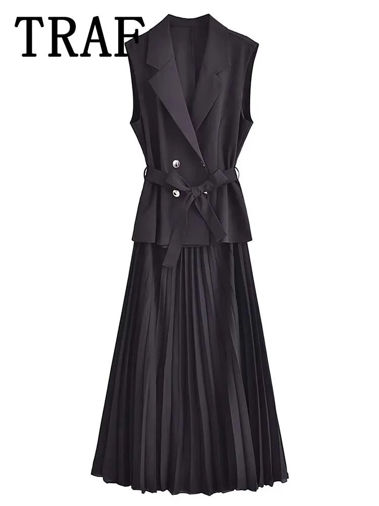 TRAF Corset Dress Women Pleated Vests Long Dresses for Women 2024 Sleeveless Office Party Dress Ruched Midi Evening Dresses 240601
