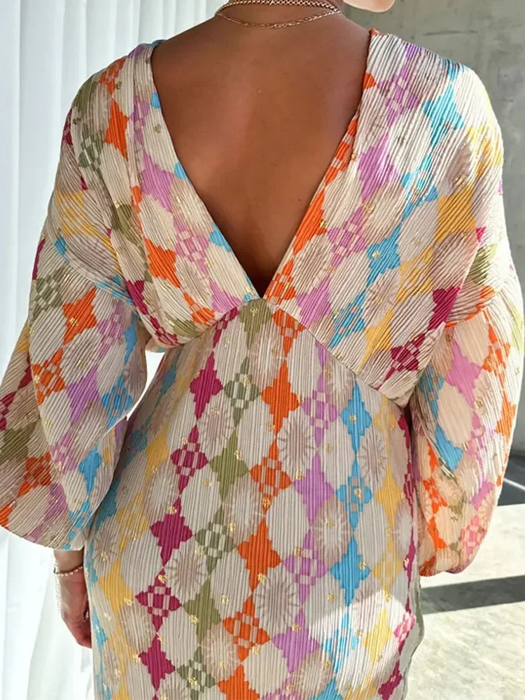 2024 Summer Womens Geometric Pattern Printed Midi Dress Elegant V-neck Lantern Half Sleeve Dress Womens Vacation Dress 240516