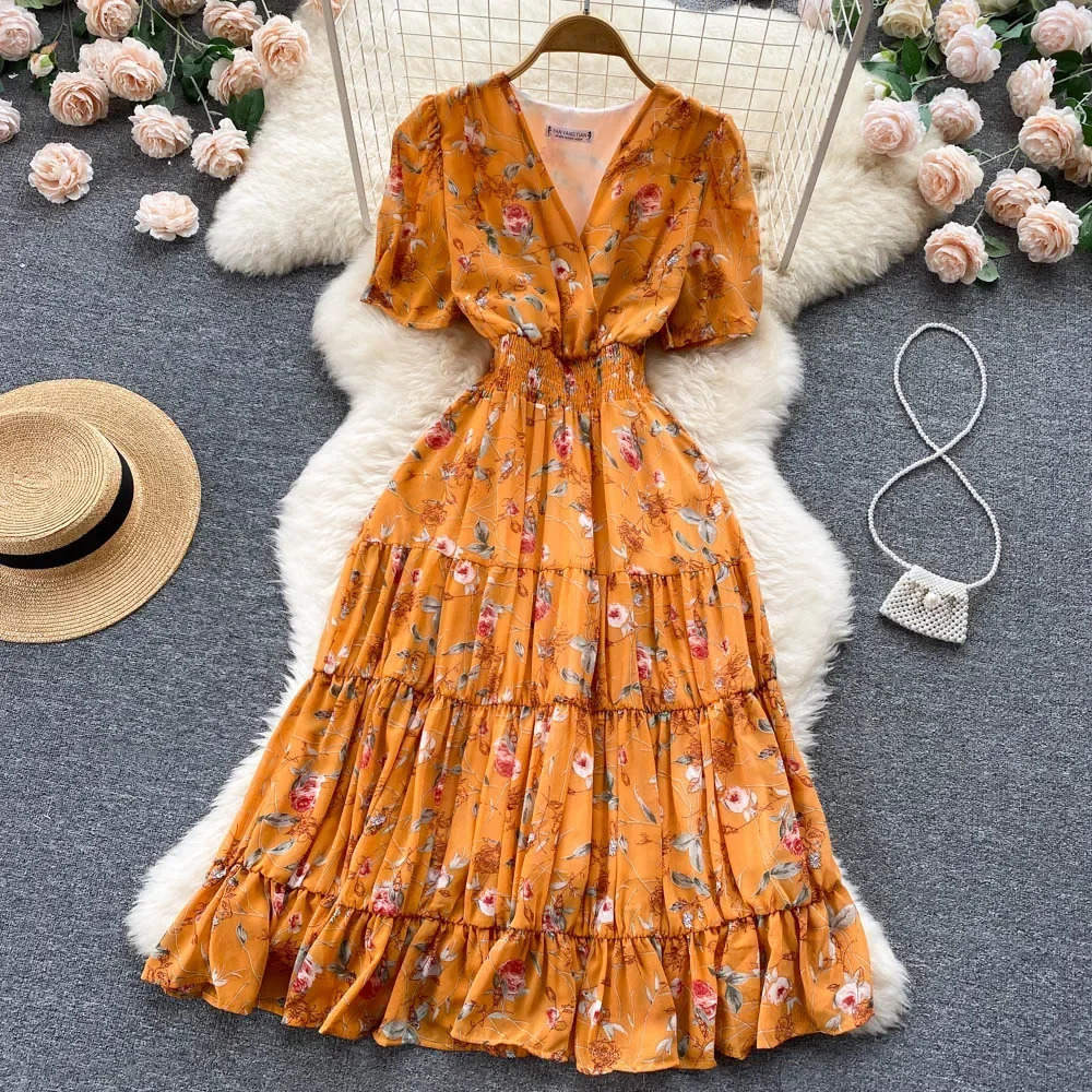 Floral Print Dress Women Summer Sexy Beach Boho Midi Dresses Short Sleeve Ladies Vintage Elegant Party Dress Vacation 240529
