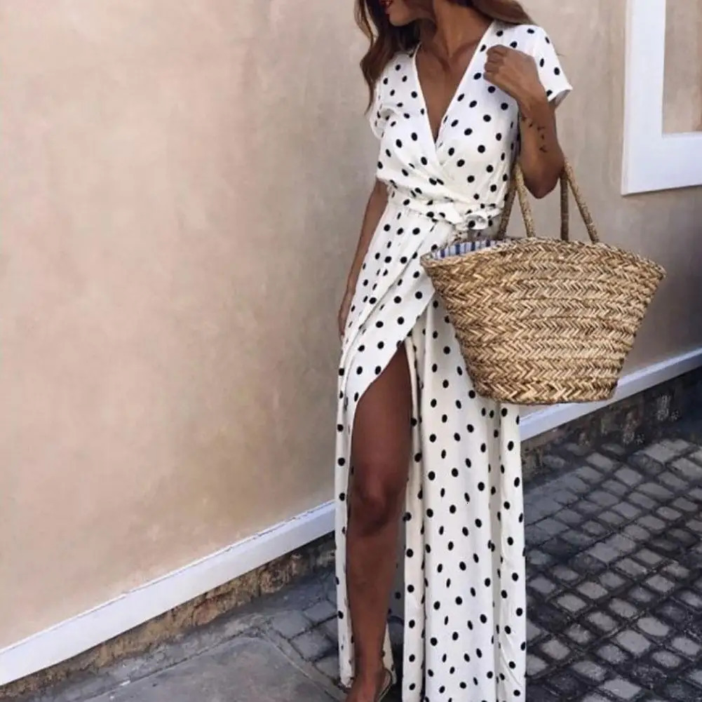 Summer Womens Beach Party Sexy Deep V Dot Split Short Sleeve Long Dress Floral Print Bohemian Shirt Chiffon 240523