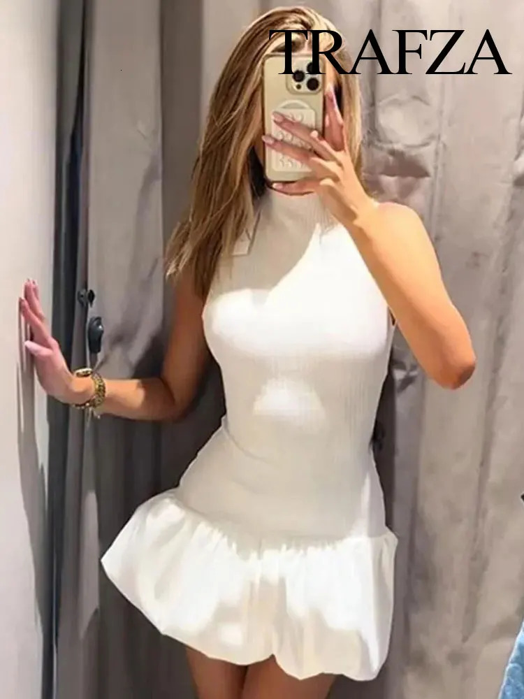 TRAFZA Female Chic Summer Knitted Sexy Backless Folds Mini Dress TRAF Woman 2024 Casual Sleeveless Slim Balloon Dresses Mujer 240601