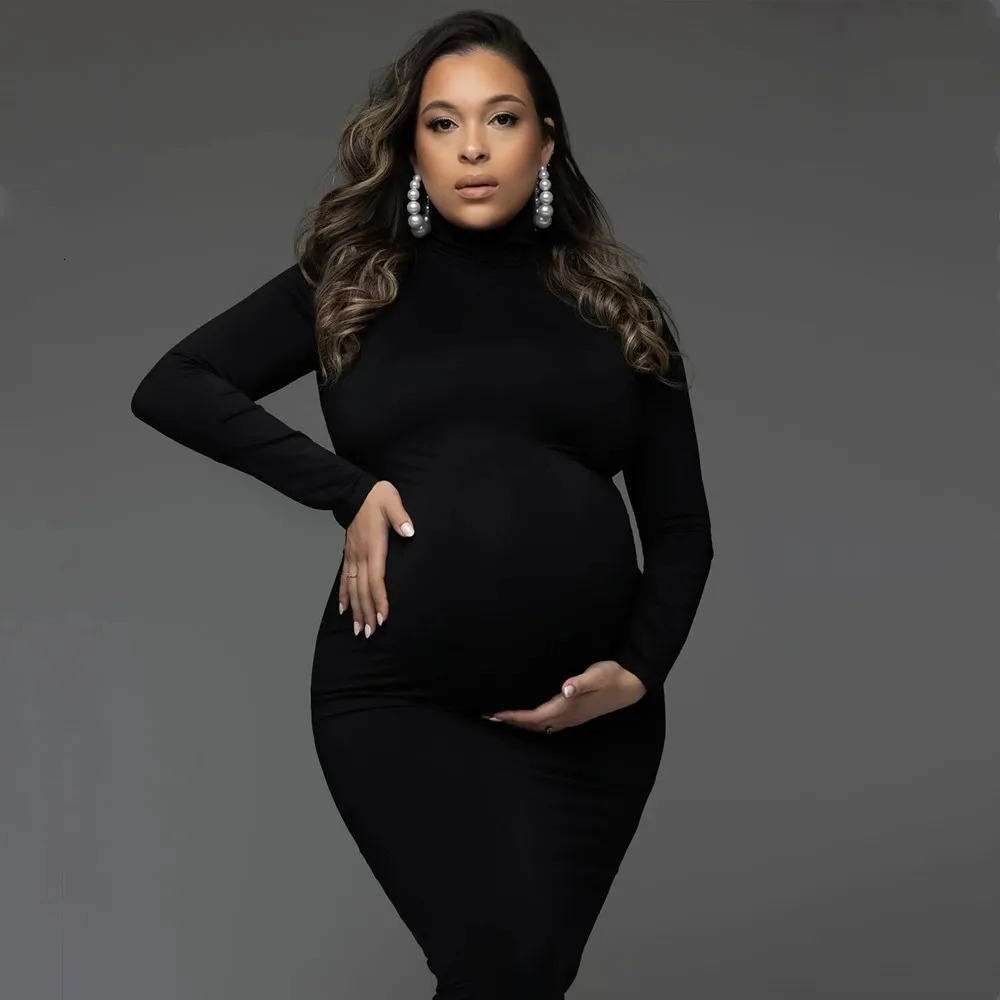 High Neck Stretchy Baby Shower Long Dresses Full Sleeve Skinny Maternity Pography Prop Dress 240529