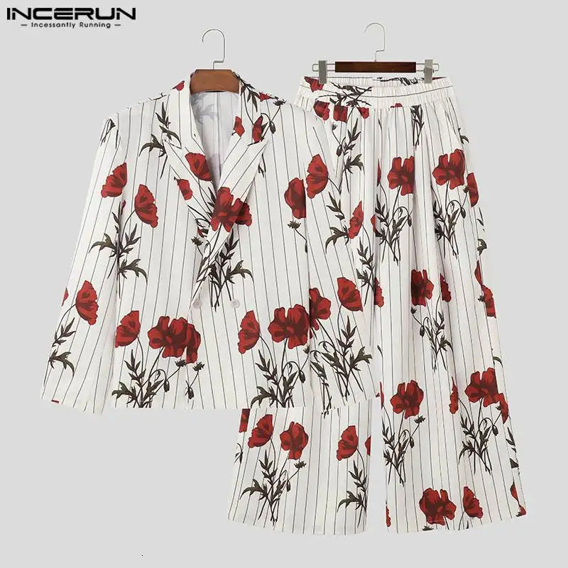 Fashion Men Sets Streetwear Flower Printing Lapel Long Sleeve Blazer Pants 2PCS Loose Mens Casual Suits S-5XL INCERUN 240530