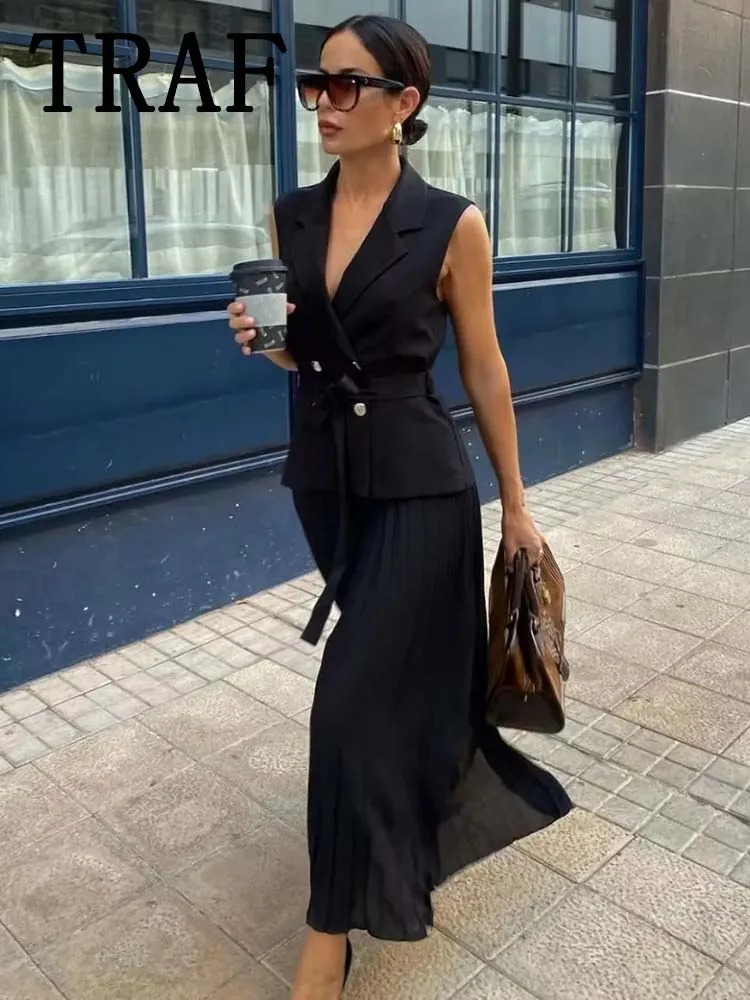 TRAF Corset Dress Women Pleated Vests Long Dresses for Women 2024 Sleeveless Office Party Dress Ruched Midi Evening Dresses 240601