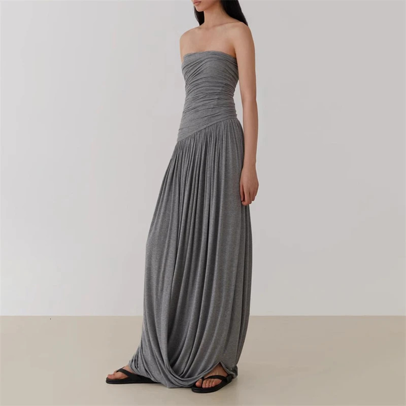2024 spring womens pureCotton elastic slim tube top dress y2k fashion curved pleated simple and versatile A-line long skirt 240530