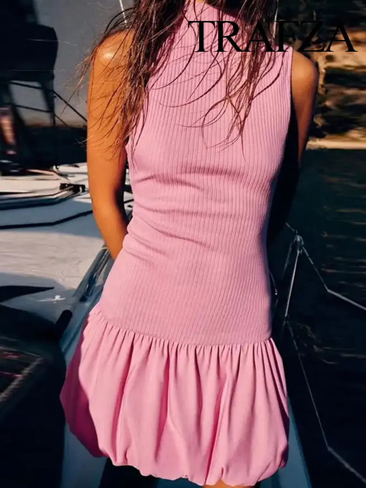TRAFZA Female Chic Summer Knitted Sexy Backless Folds Mini Dress TRAF Woman 2024 Casual Sleeveless Slim Balloon Dresses Mujer 240601