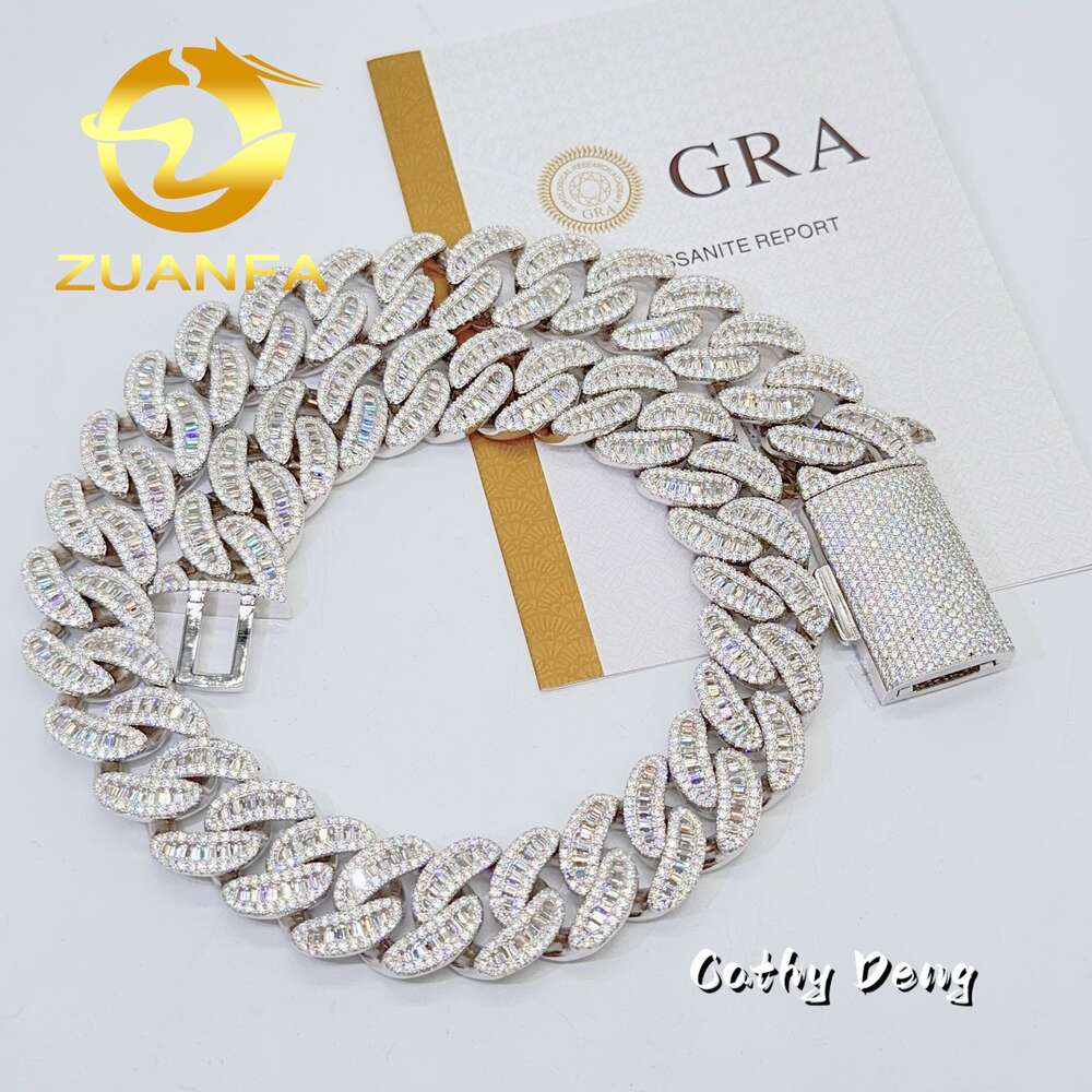 Zuanfa New Arrival 18mm 22mm Moon Shape Baguette Moissanite Cuban Link Chain Ice out Sterling Silver Miami Chain Necklace