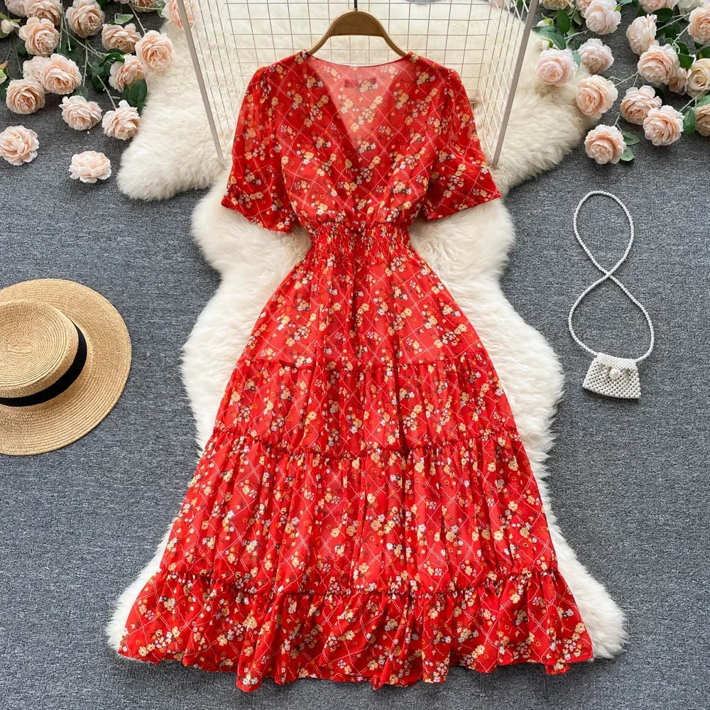 Floral Print Dress Women Summer Sexy Beach Boho Midi Dresses Short Sleeve Ladies Vintage Elegant Party Dress Vacation 240529
