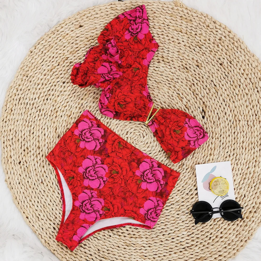 Sexy Bikini Set Women High Waist Classic Off Solid Ruffle Sleeves Swimwear Red Separate Deep V Swimsuit Vintage Beach Set 240510
