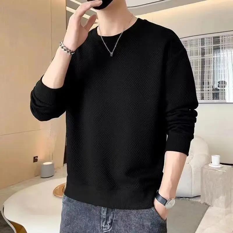 Mens Sweatshirt Solid O Neck Long Sleeve T Shirts Autumn Spring Texture Simple Black White Classic Mens Pullover Hoodie Tops 240530