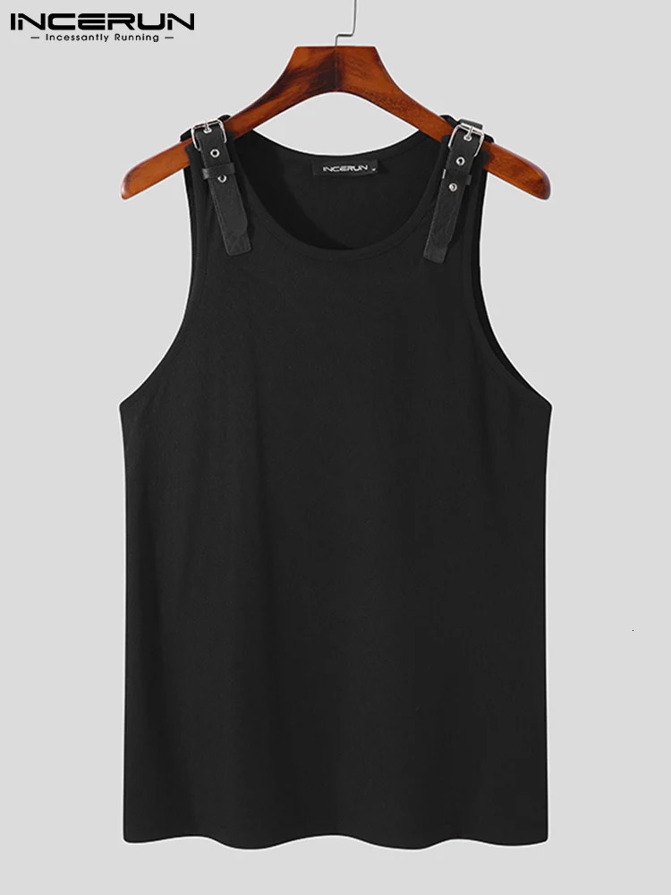 INCERUN Men Tank Tops Solid Color PU Leather Button Sleeveless Streetwear Oneck Vests Summer Fashion Clothing S5XL 7 240527