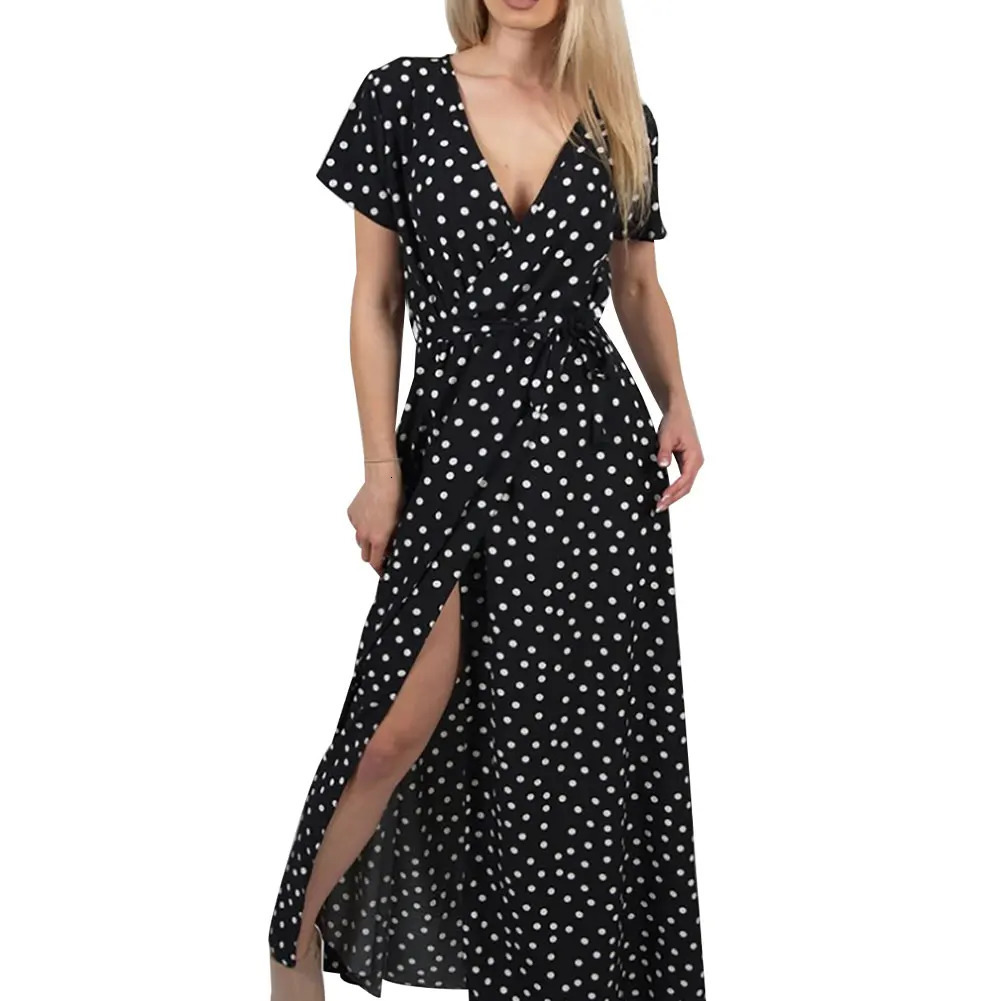 Summer Womens Beach Party Sexy Deep V Dot Split Short Sleeve Long Dress Floral Print Bohemian Shirt Chiffon 240523