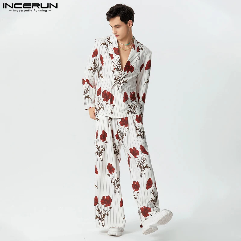 Fashion Men Sets Streetwear Flower Printing Lapel Long Sleeve Blazer Pants 2PCS Loose Mens Casual Suits S-5XL INCERUN 240530