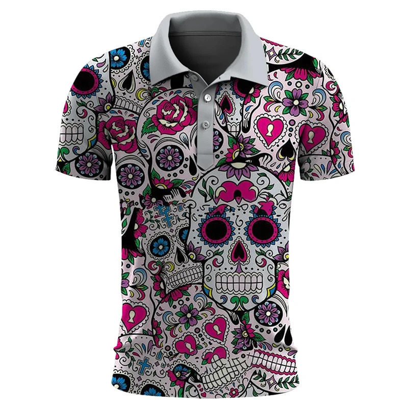 Funny Skull 3D Print Short Sleeve Polo Shirts For Men Clothes Casual Mexico Lucky Skeleton Graphic Lapel POLO Shirt Button Tops 240601