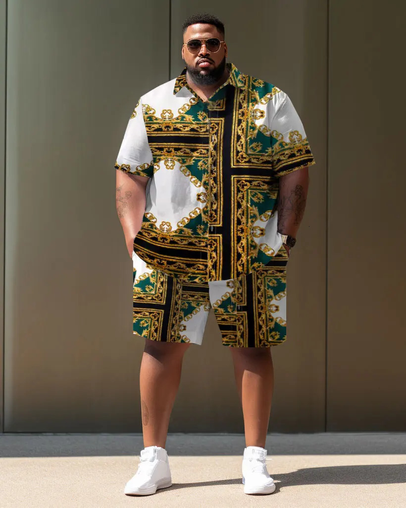 Biggmans Plus L-9XL For Mens Large Size Shirt Shorts Set Casual Color Block Plaid Retro Street Short Shirt Shorts Suit 7XL 8XL 240524
