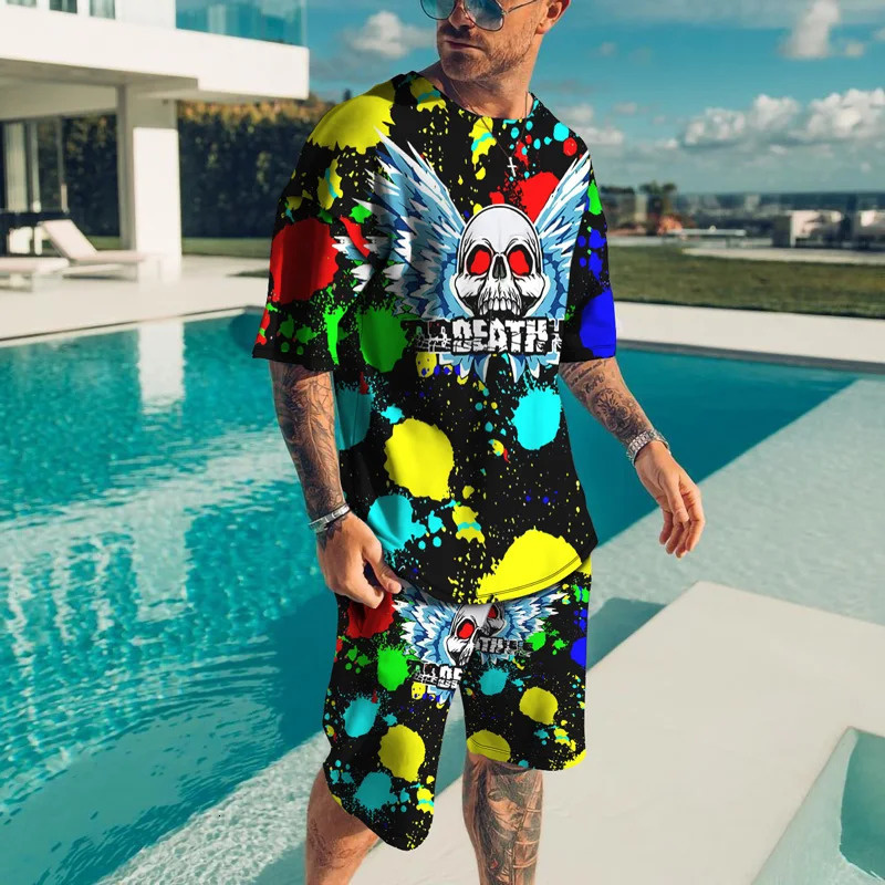 Summer Men Outfits Color 3D Printed Sport Short Sleeve Suits Hip Hop Casual 2 Piece T ShirtShorts Fashion Male Tracksuit Set 240530