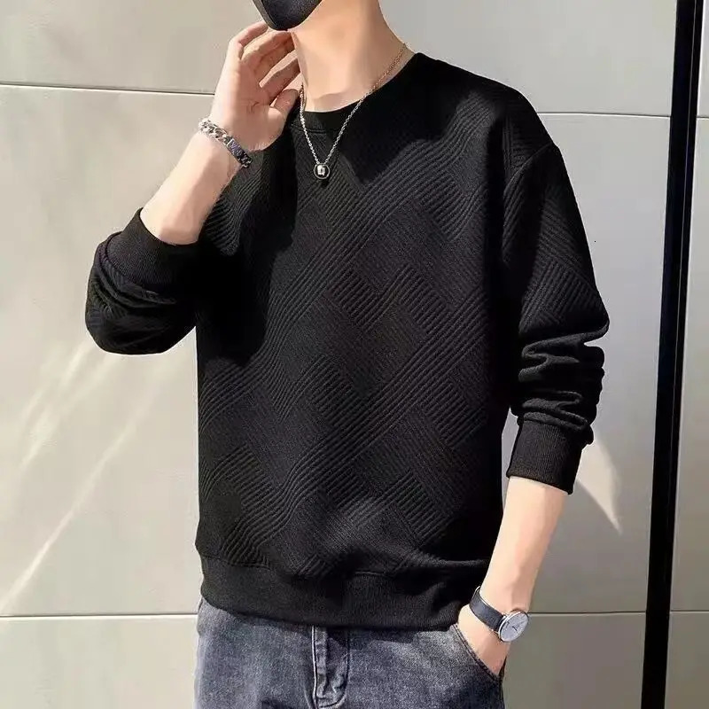 Mens Sweatshirt Solid O Neck Long Sleeve T Shirts Autumn Spring Texture Simple Black White Classic Mens Pullover Hoodie Tops 240530