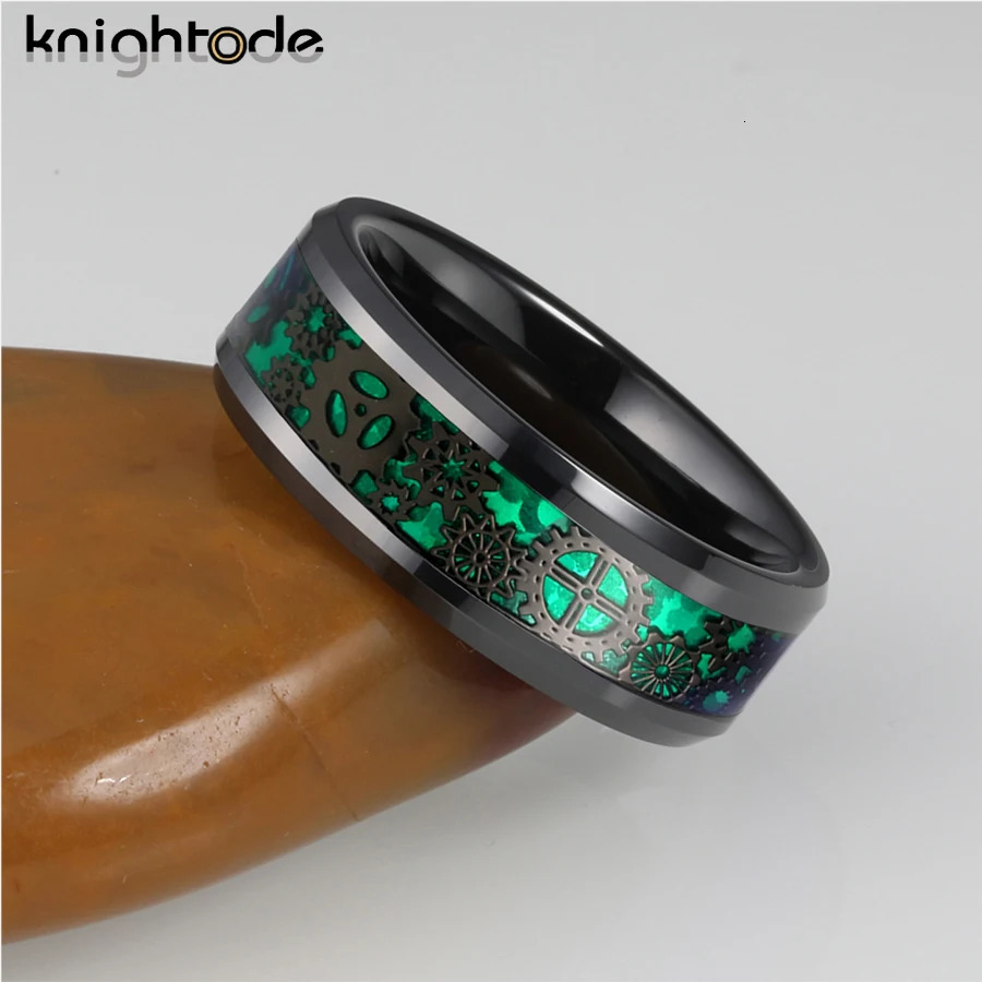 2 Colors Opal 8mm Black Tungsten Carbide Rings Mechanical Gear Wheel Inlay Wedding Band Beveled Edges Polished Comfort Fit 240530