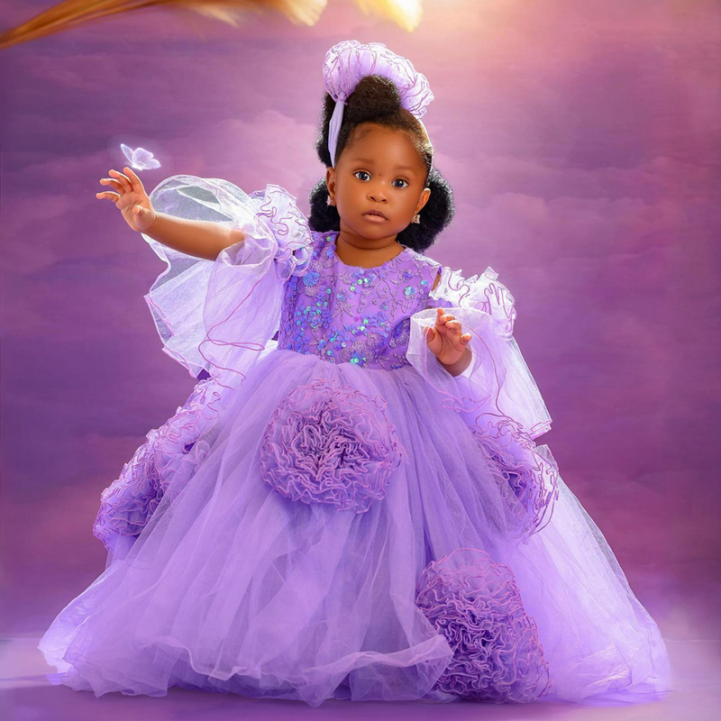 2024 Purple Little Girls Birthday Dress Flower Girl Dresses Communion Gowns Beaded Sequined Lace Tiered Tulle Hand Made Flowers Decorated Gowns for Ma