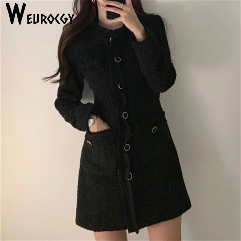 Spring Autumn Style Female Retro French Style Elegant Round Neck Single-Breasted Waist Pocket Long-Sleeved Tweed Dress 240529