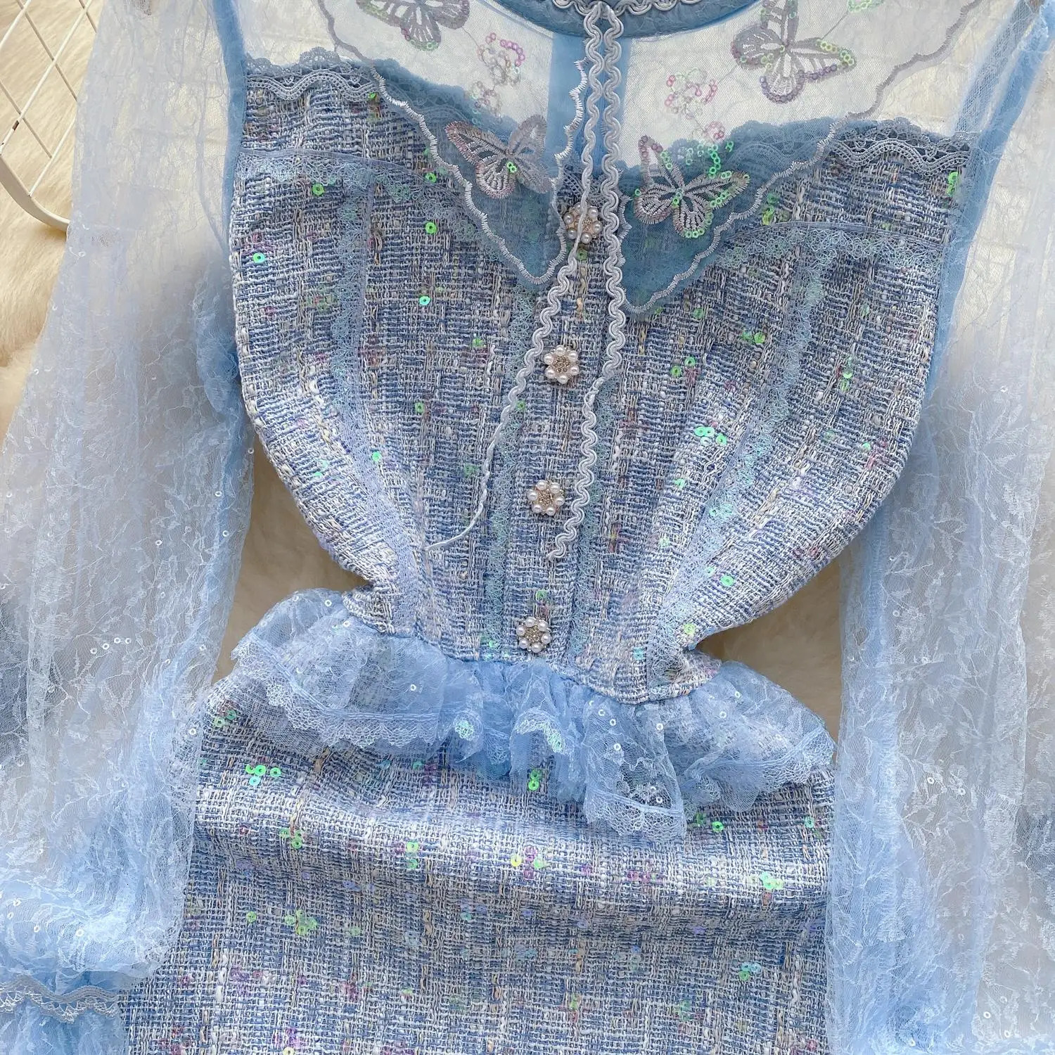 Runway Embroidery Sequins Tweed Dress Womens Ruffled Beaded Lantern Sleeve Blue Mesh Patchwork Slim Vintage Vestidos 240529