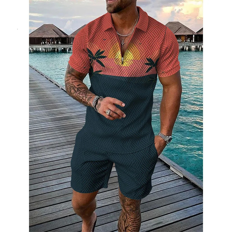 Hawaii Tracksuit 3D Print Beach Polo Shirts Shorts Sets 2 Pieces Mans Oversized Short Sleeve Shirt Pants Set Suits Men Clothing 240529