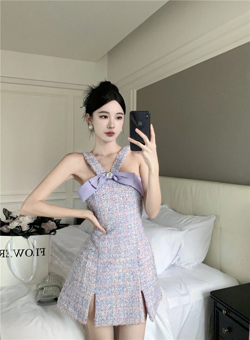Womens high quality purple bow patched spaghetti strap tweed woolen a-line short dress SML 240529