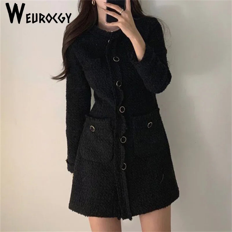 Spring Autumn Style Female Retro French Style Elegant Round Neck Single-Breasted Waist Pocket Long-Sleeved Tweed Dress 240529
