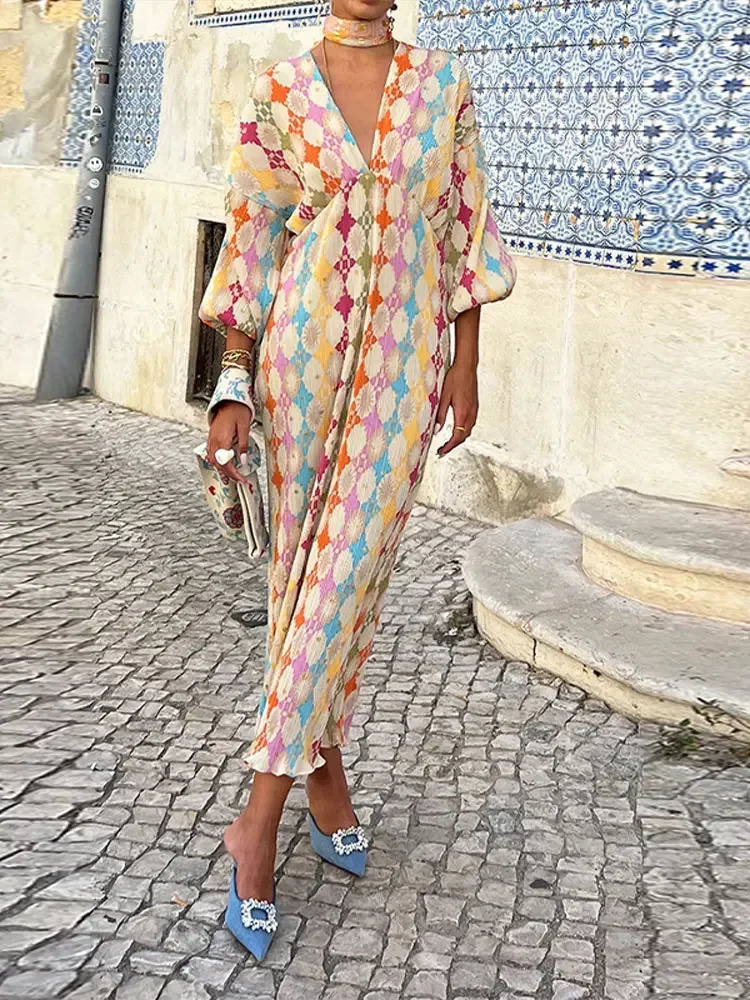 2024 Summer Womens Geometric Pattern Printed Midi Dress Elegant V-neck Lantern Half Sleeve Dress Womens Vacation Dress 240516