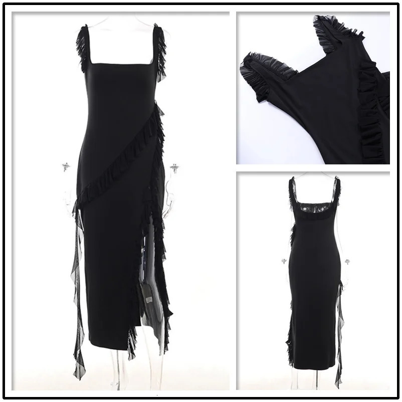 Townlike Ruffles Elegant Long Maxi Dress Women Summer Dress High Split Spaghetti Strap V Neck Nightclub Sexy Party Dresses 240601