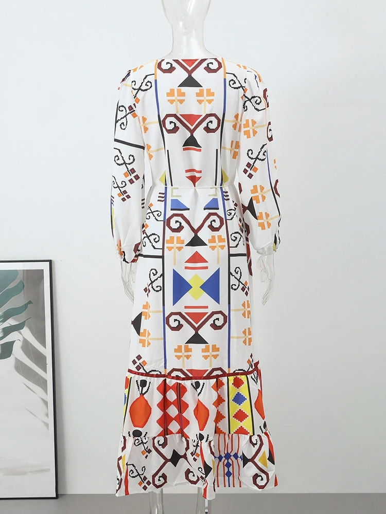 Printed V-Neck Lantern Sleeve Womens Long Dress Loose Lace Up Tassels Pleated Dresses 2024 Spring Summer Vacation Ladies Robe 240530