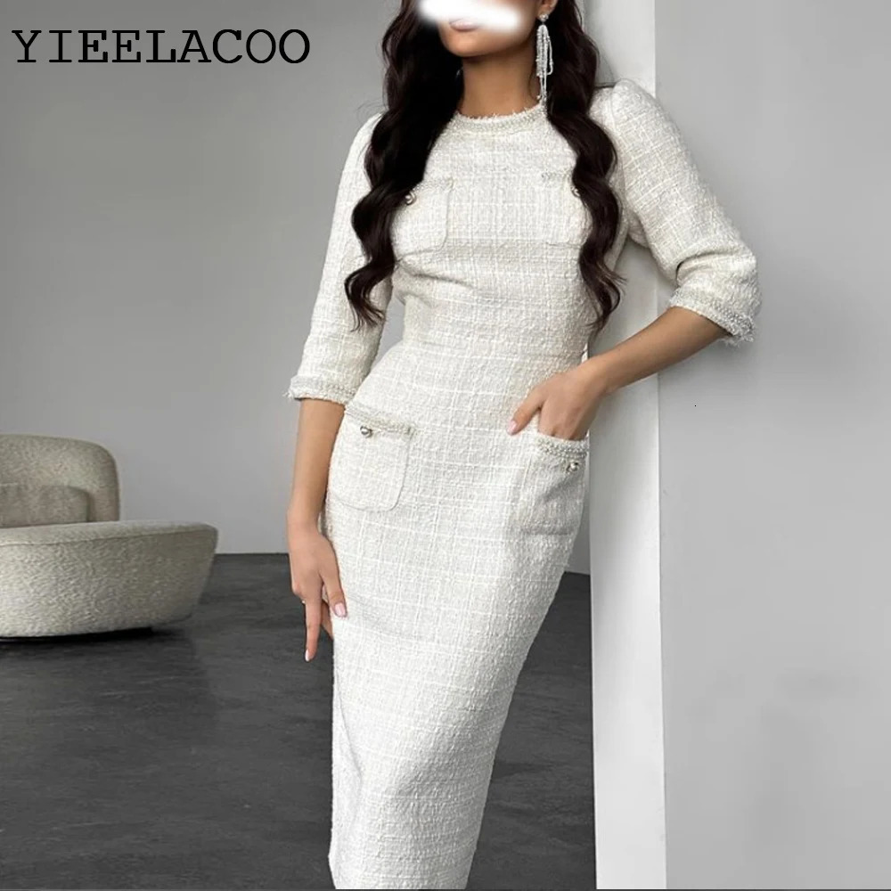 tweed dress Beading spring / autumn womens dress tassel ladies slim bottoming dress one-piece 240529