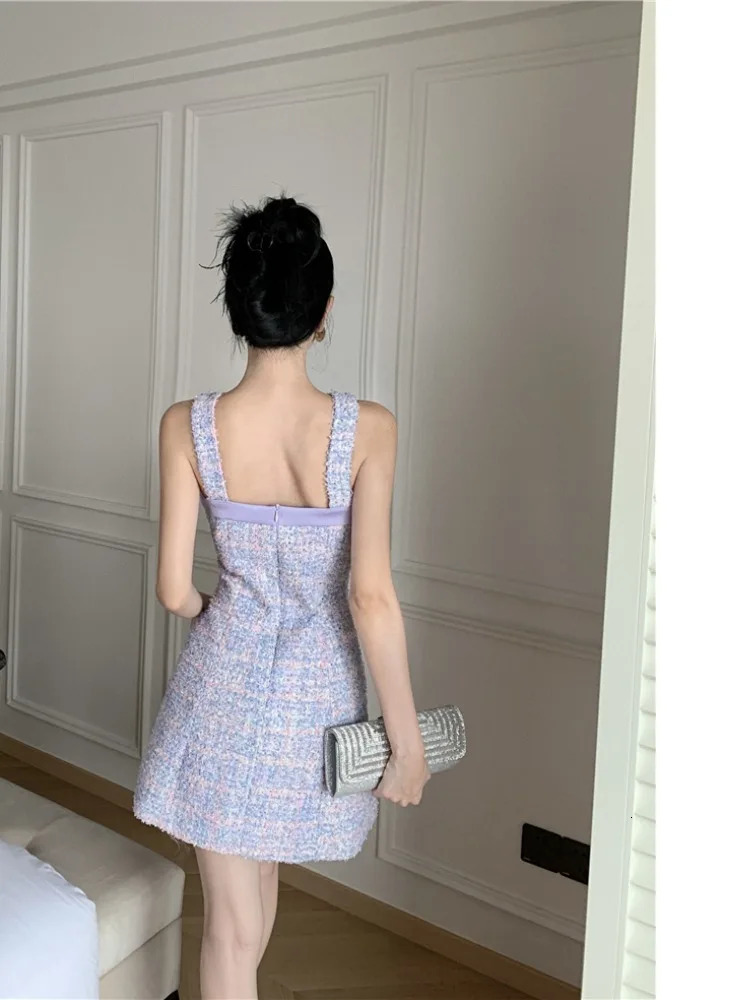 Womens high quality purple bow patched spaghetti strap tweed woolen a-line short dress SML 240529