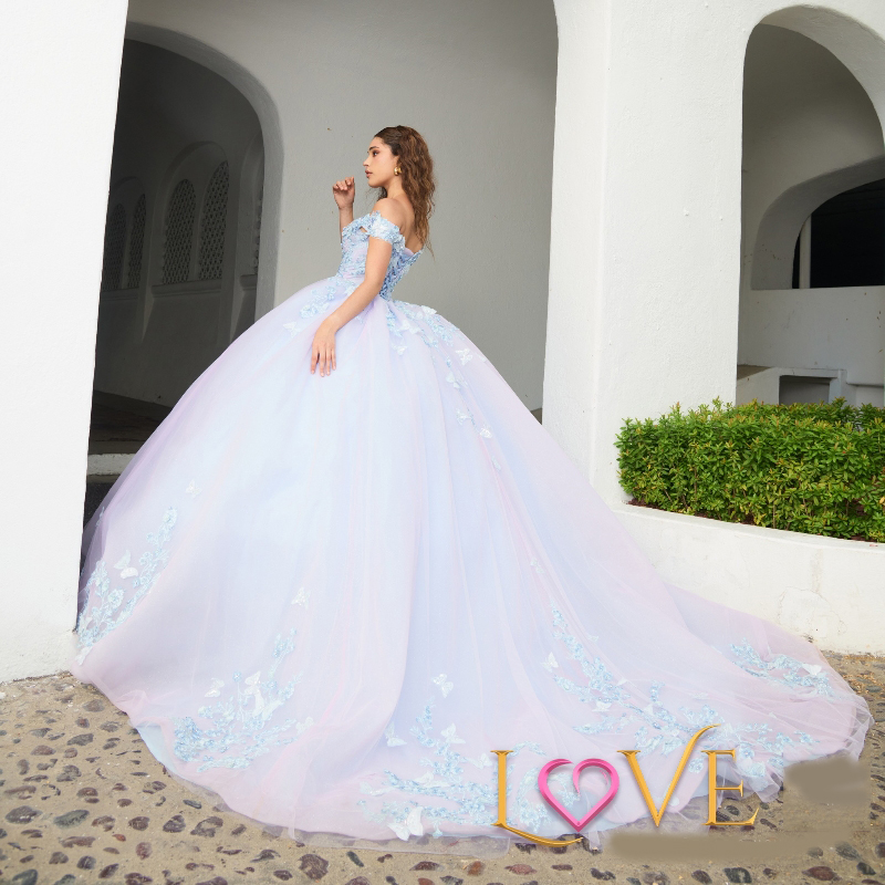 Sky Blue Lilac Shiny Quinceanera Dresses Lace Appliques Bow Beaded Tull Ball Gowns Tulle Princess Sweet 16 Dress Lace up Vestido De 15