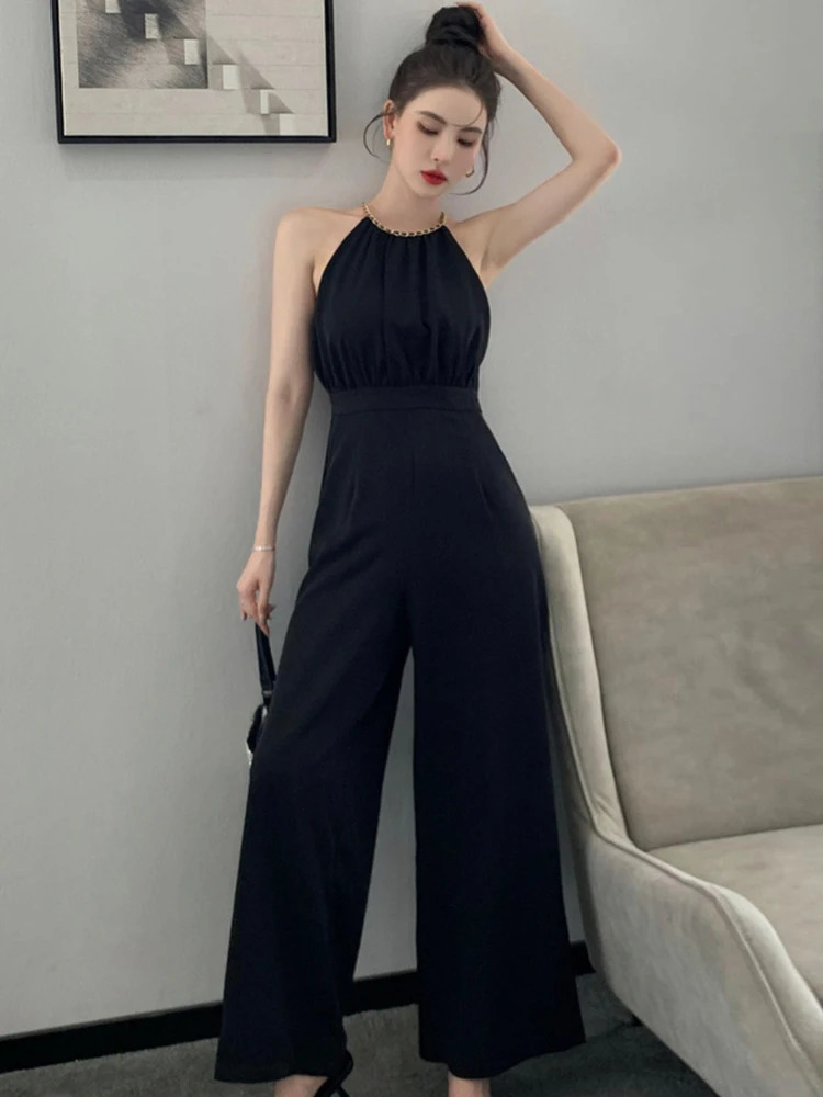Korean Women One Piece Jumpsuits Black Vintage Sexy Chain Halter High Waist Party Club Lady Mujer Wide Leg Loose Rompers Summer 240601