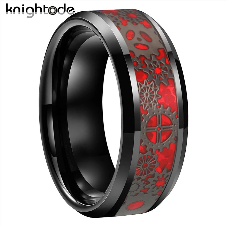 2 Colors Opal 8mm Black Tungsten Carbide Rings Mechanical Gear Wheel Inlay Wedding Band Beveled Edges Polished Comfort Fit 240530