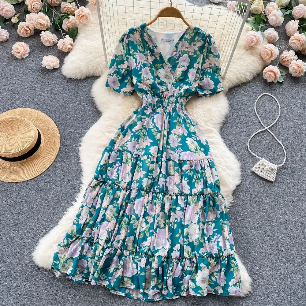 Floral Print Dress Women Summer Sexy Beach Boho Midi Dresses Short Sleeve Ladies Vintage Elegant Party Dress Vacation 240529