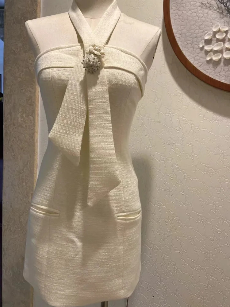 Korean Sweet Small Fragrance Tweed Dresses For Women French Fashion 3D Flower Summer Dress sweet Sexy Tank Party Dress 240529