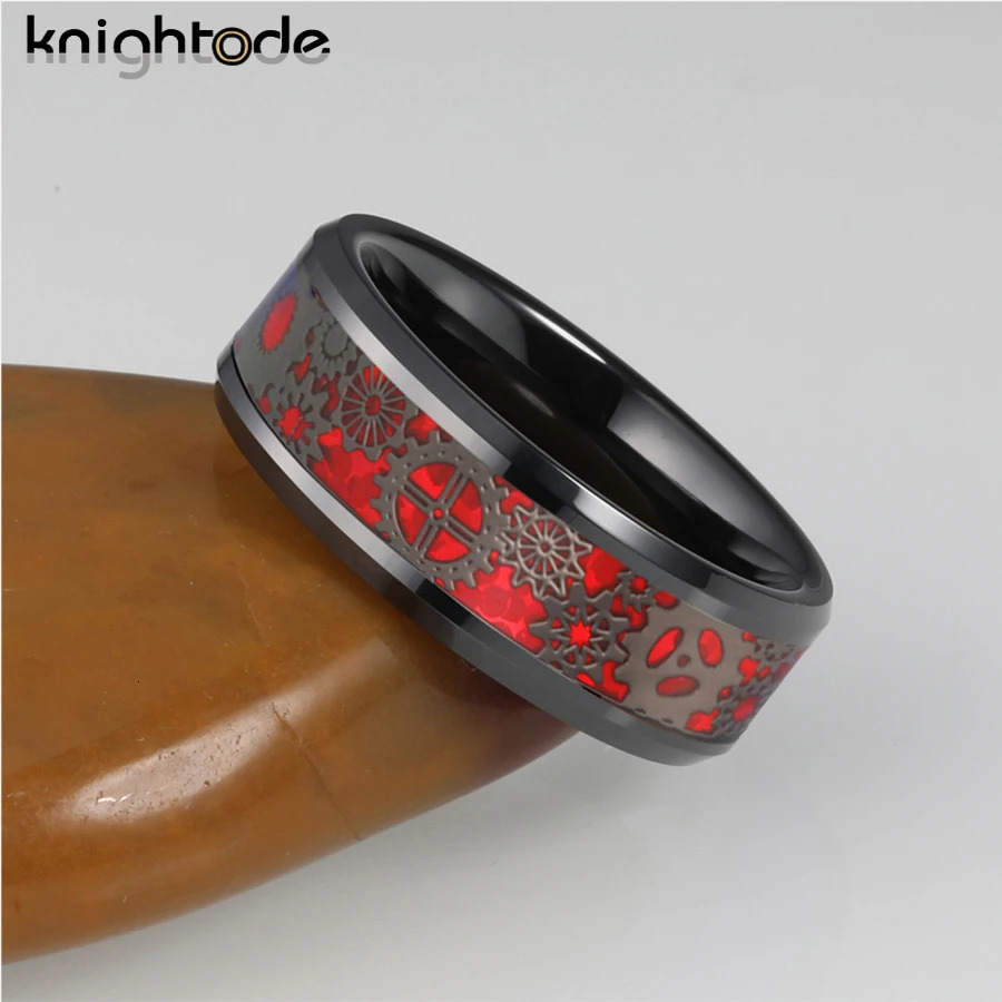 2 Colors Opal 8mm Black Tungsten Carbide Rings Mechanical Gear Wheel Inlay Wedding Band Beveled Edges Polished Comfort Fit 240530