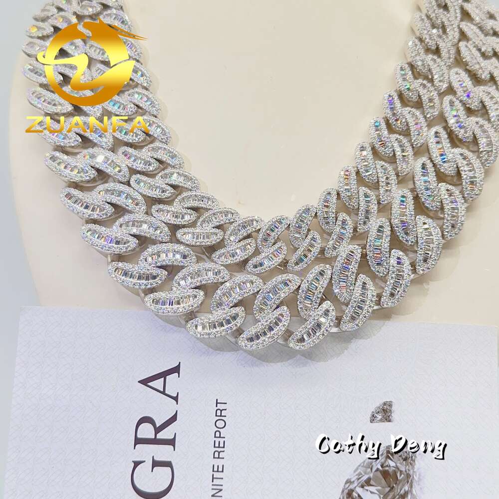 Zuanfa New Arrival 18mm 22mm Moon Shape Baguette Moissanite Cuban Link Chain Ice out Sterling Silver Miami Chain Necklace