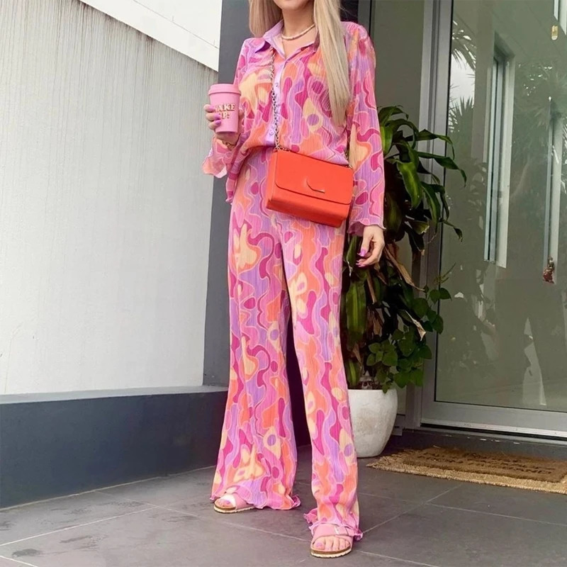Y2K Graphic Print Long Sleeve Shirt Blouse Wide Leg Pants Chic Women Two Piece Set Vintage Streetwear Boho Holiday Outfits 240601