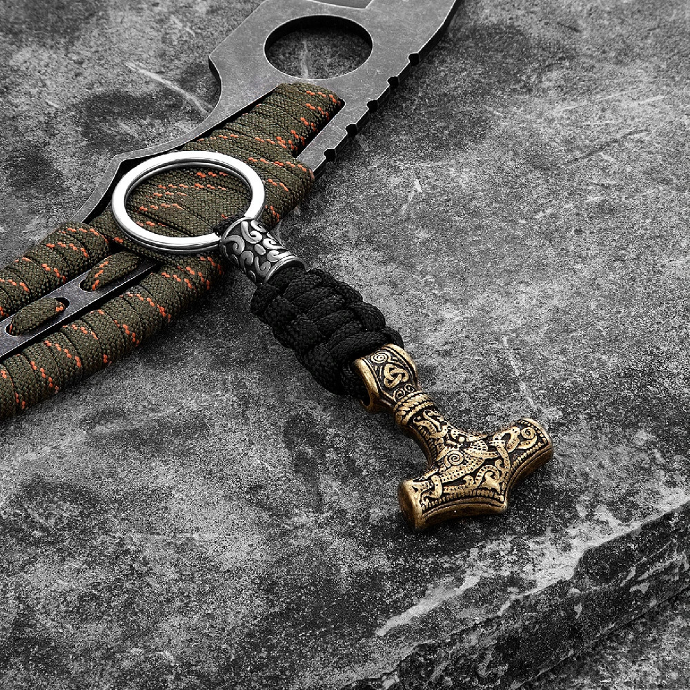 Vikings Thors Hammer Survival Rope Keychain Mens Stainless Steel Anchor Knife Pendant Paracord Keyring Handmade Norse Jewelry 240510