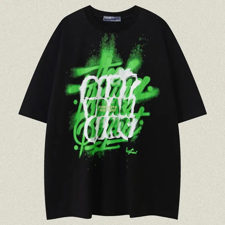 Summer Korean graffiti letter personalized T shirt men American y2k retro street Harajuku cotton half sleeved couple tops 240530