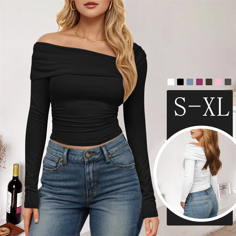 Women Sexy One Off Shoulder Fashion Basic Top Y2K Tight Ruched T-Shirts Slim Fit Long Sleeves Asymmetrical Crop Tops Streetwear 240601