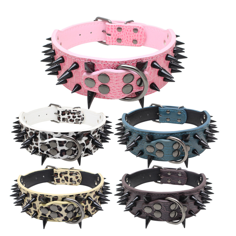 Leather Dog Collar with Skulls and Rivets Anti Bite Spiked Design Black Various Sizes Ideal for Medium to Large Dogs